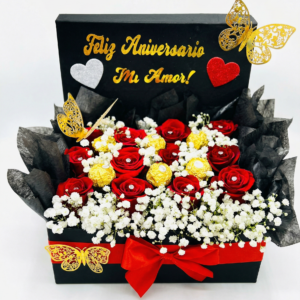 black anniversary box – rosas rojas con ferrero & mariposas de oro