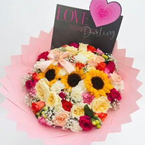 mix floral vibrante & girasoles con tarjeta de gala