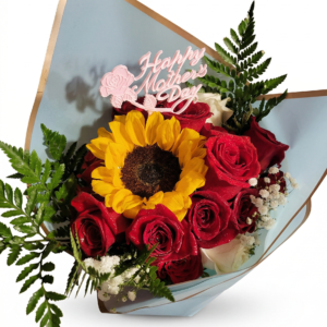 mix floral vibrante & girasoles con tarjeta de gala
