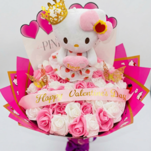 bouquet "realeza rosa valentine" – edición hello kitty reina con rosas bicolores y fondo de corazones