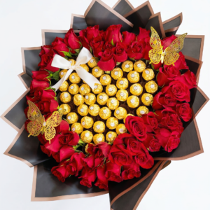 gran corazón imperial de lujo: rosas rojas, ferrero rocher y mariposas doradas
