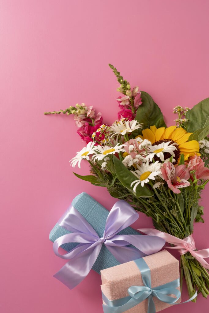 top view flowers bouquet with gift